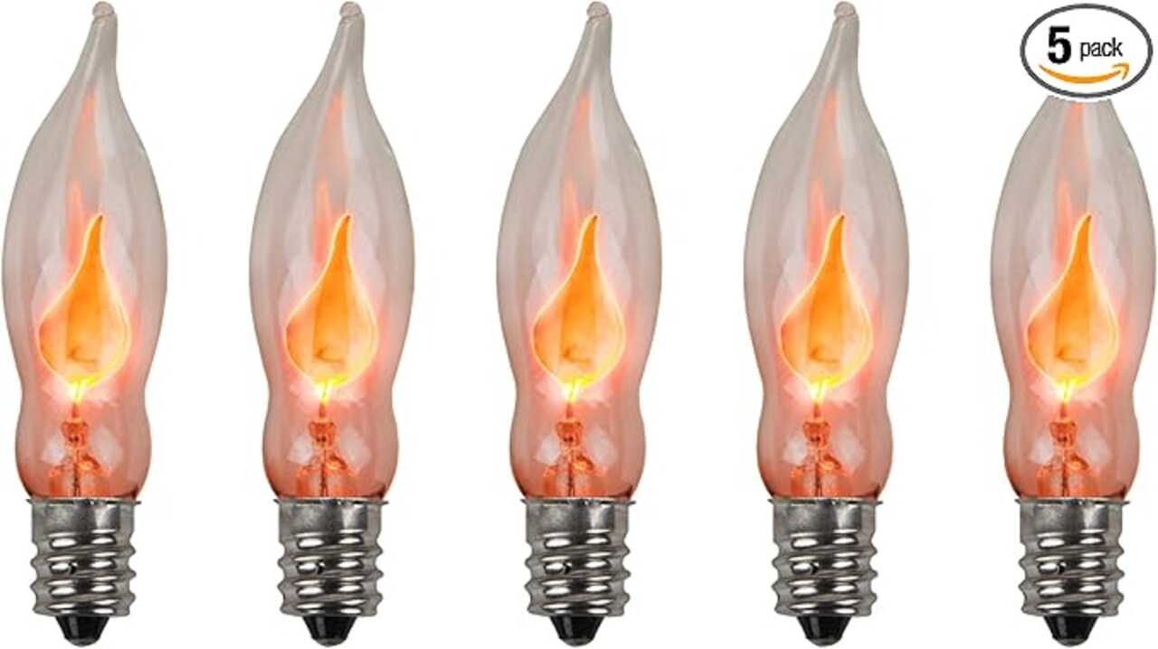 A101 Flicker Flame Light Bulb - 3 Watt, 130 Volt, E12 Candelabra Base, Nickel Plated Base - Dances with a Flickering Orange Glow | 5 Pack